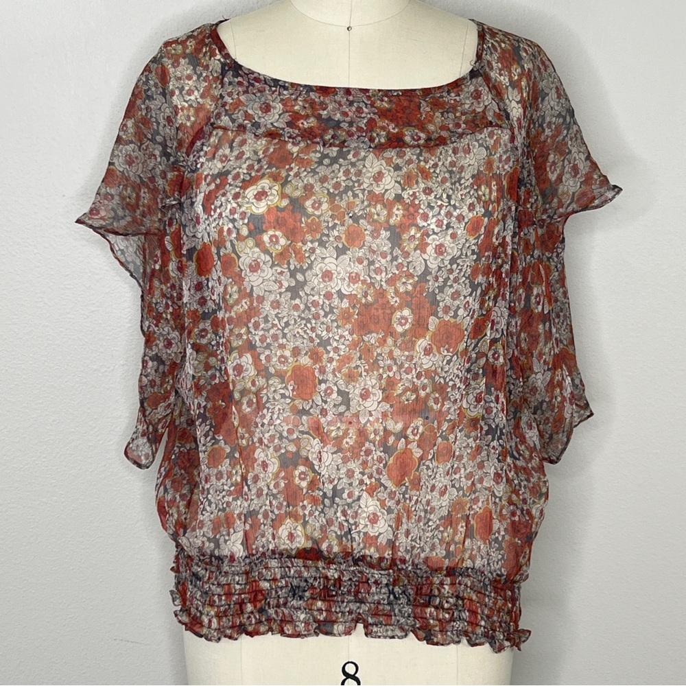 Kite and Butterfly Red Floral Silk Chiffon Blouse, Small